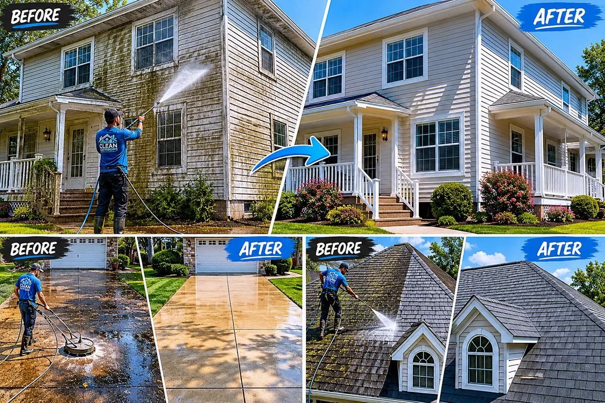 Before and after pressure washing in Lake Jackson, TX — house siding, driveway, and roof cleaned