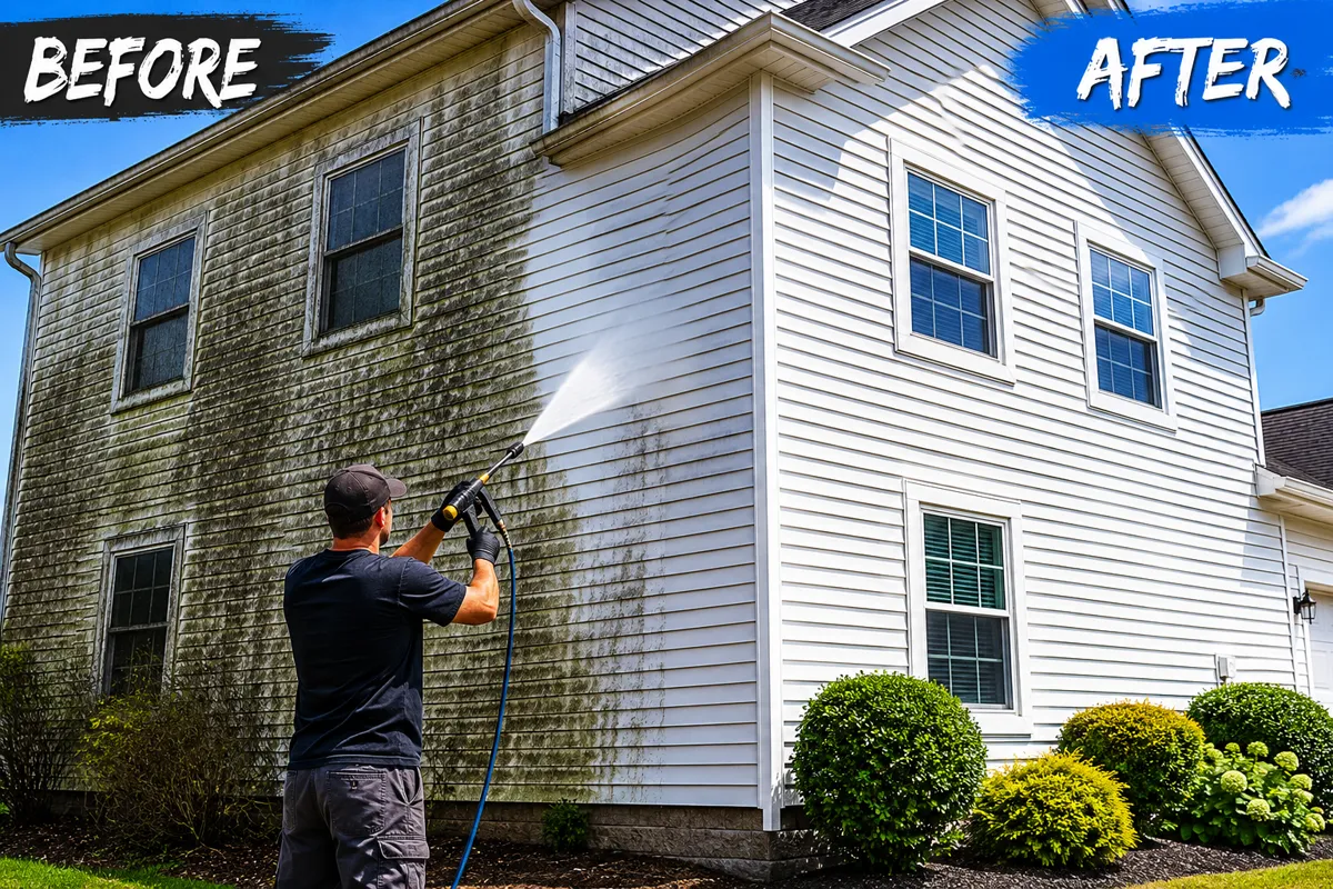 Before and after house washing in Lake Jackson, TX — green algae and dirt stripped off the siding