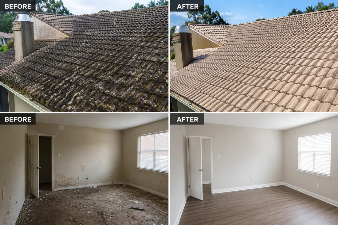 Before and after a full interior move-out cleaning and roof soft wash of a home in Lake Jackson, TX